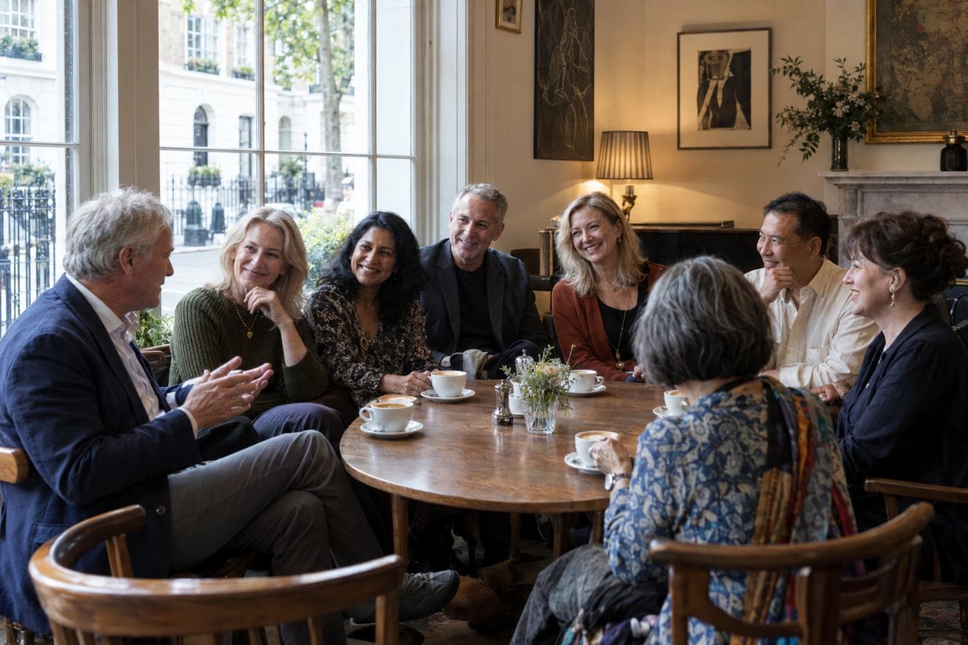 A group of people in their fifties and sixties laughing over coffee at a round table by a tall window