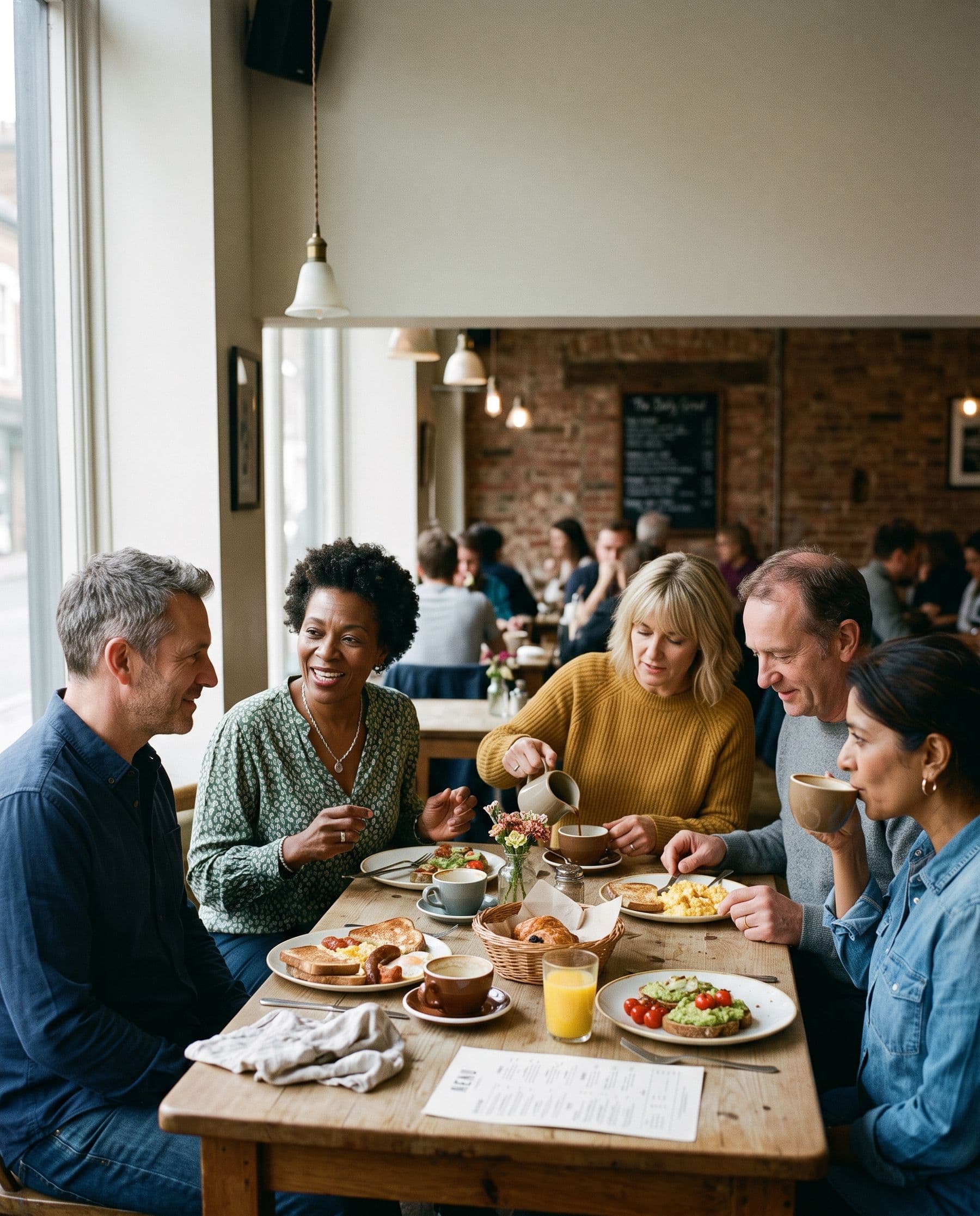 A matched group of six over brunch in a cafe
