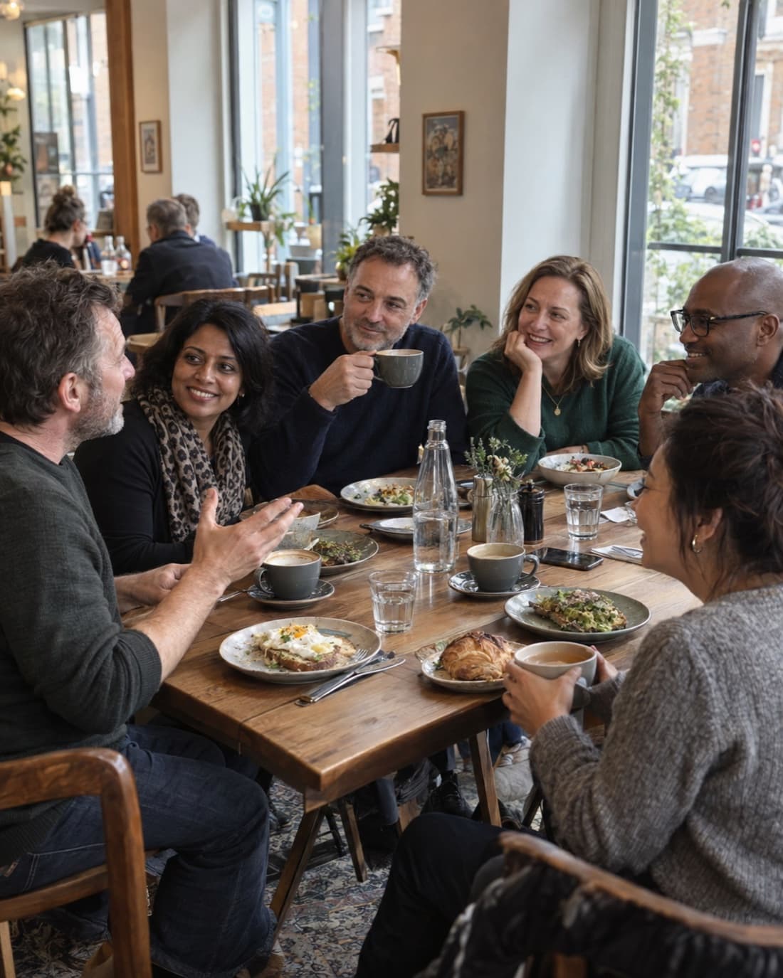 A matched group laughing around a cafe brunch table