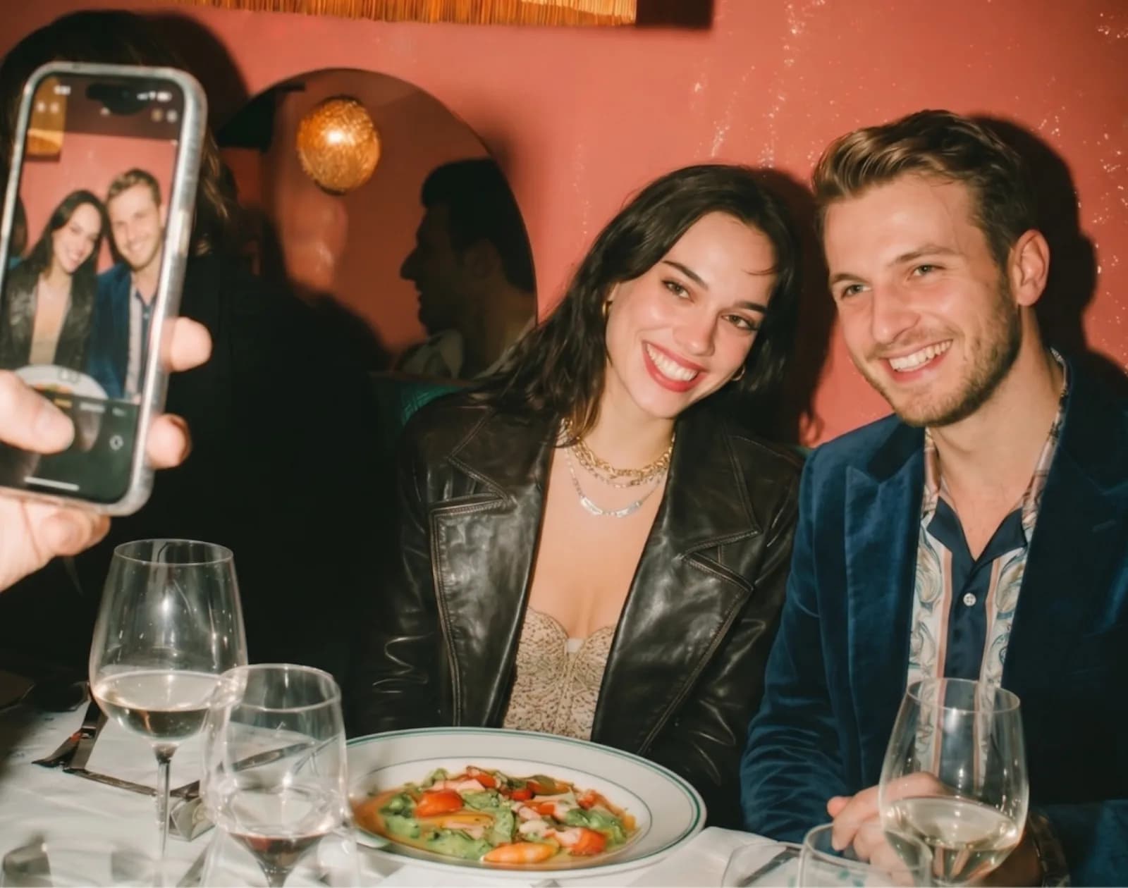 Two people laughing over dinner at a PLY Experience