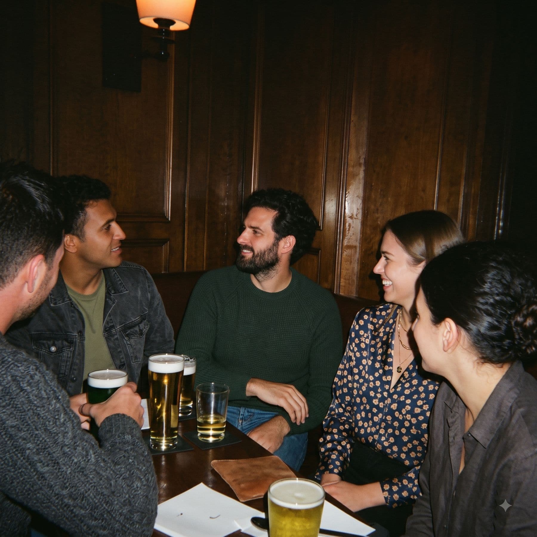 A matched group around a table of drinks in a bar