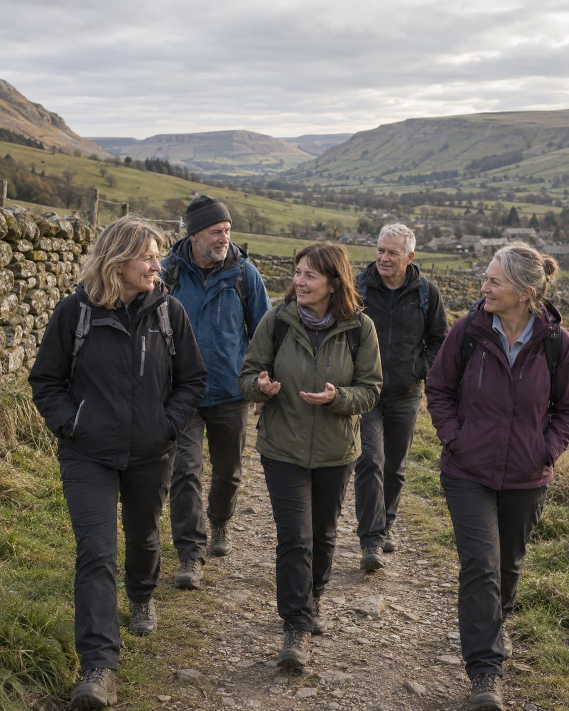 Five walkers on a stone path above the valley, talking as they go