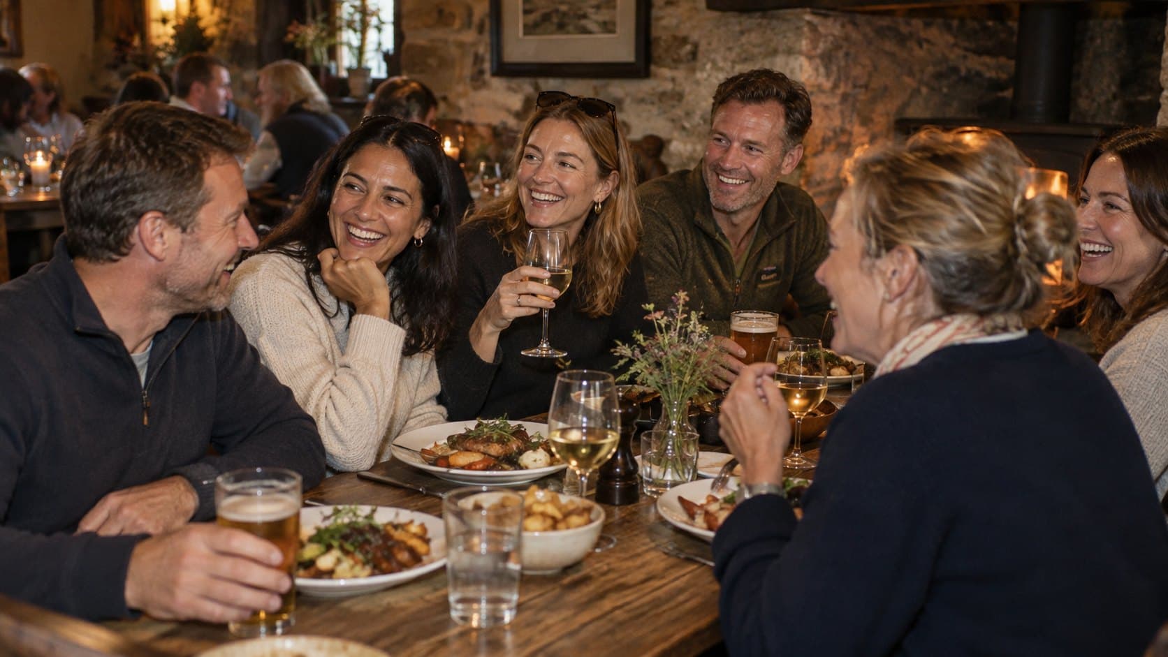 Six new friends laughing over Sunday lunch at a country pub