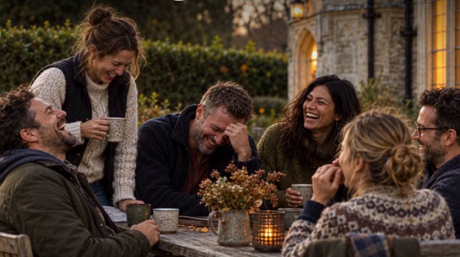 Six people laughing round a table at dusk