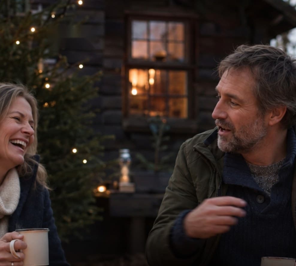 Two people laughing round a fire outside a cabin