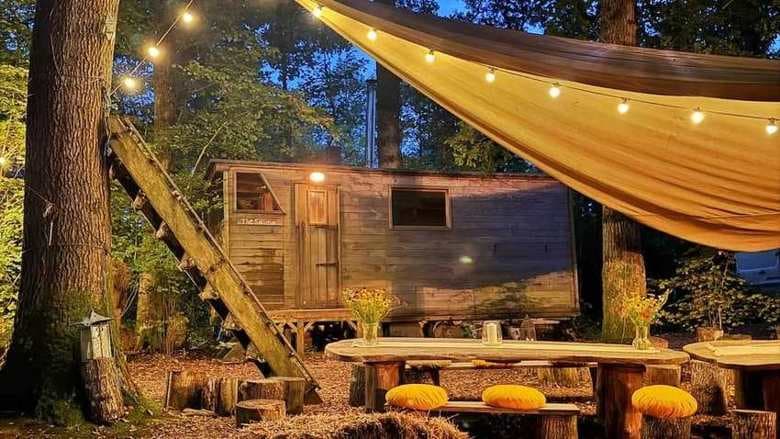 The sauna cabin lit at night