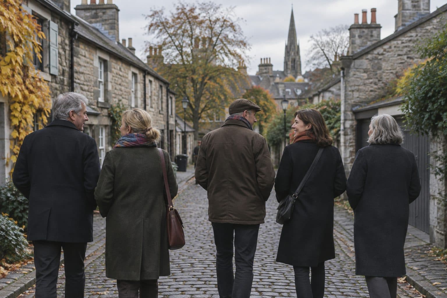 A group walking up a cobbled lane in Canonmills