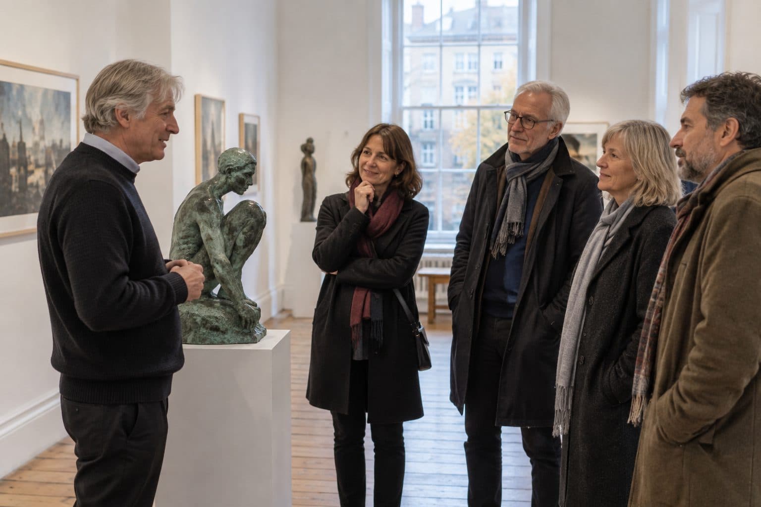 A gallery director beside a bronze sculpture, talking to a group of four