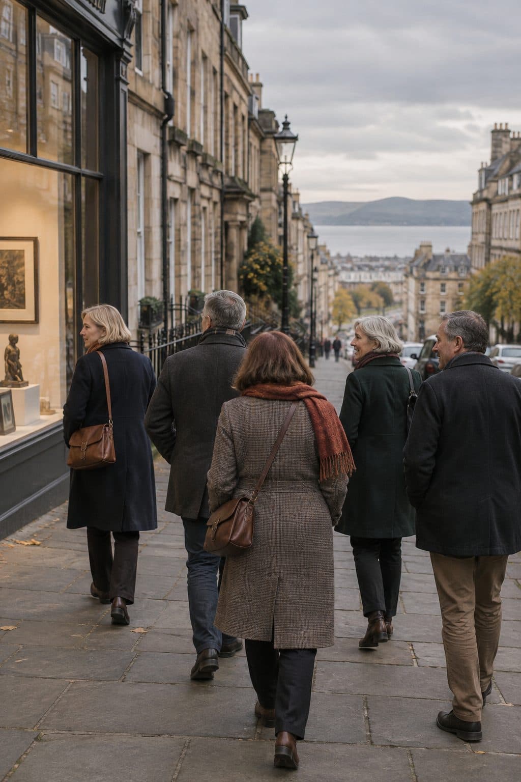 A small group walking down Dundas Street, with the Firth of Forth at the bottom of the hill