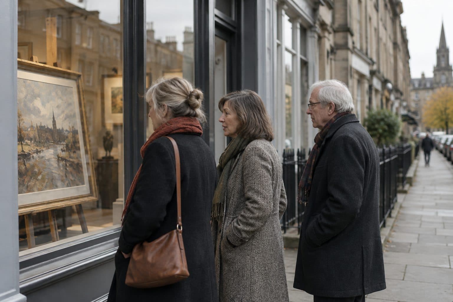 Three people looking into a gallery window on a New Town street