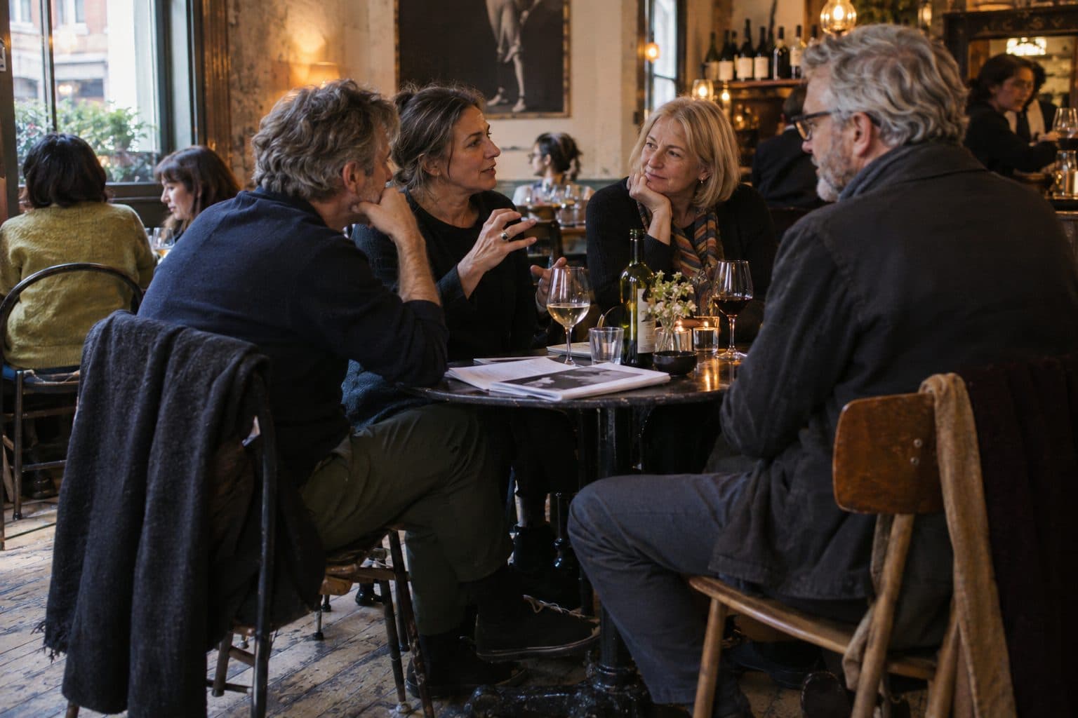 Four people talking over a glass of wine at a small round table in a warm bar