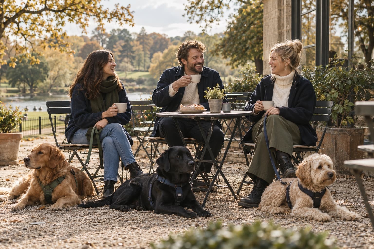 Dog owners having coffee on a café terrace with their dogs