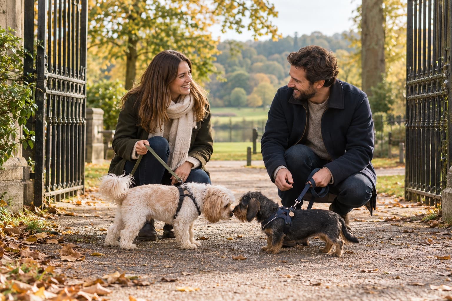 Two owners crouching with their dogs at a park gate