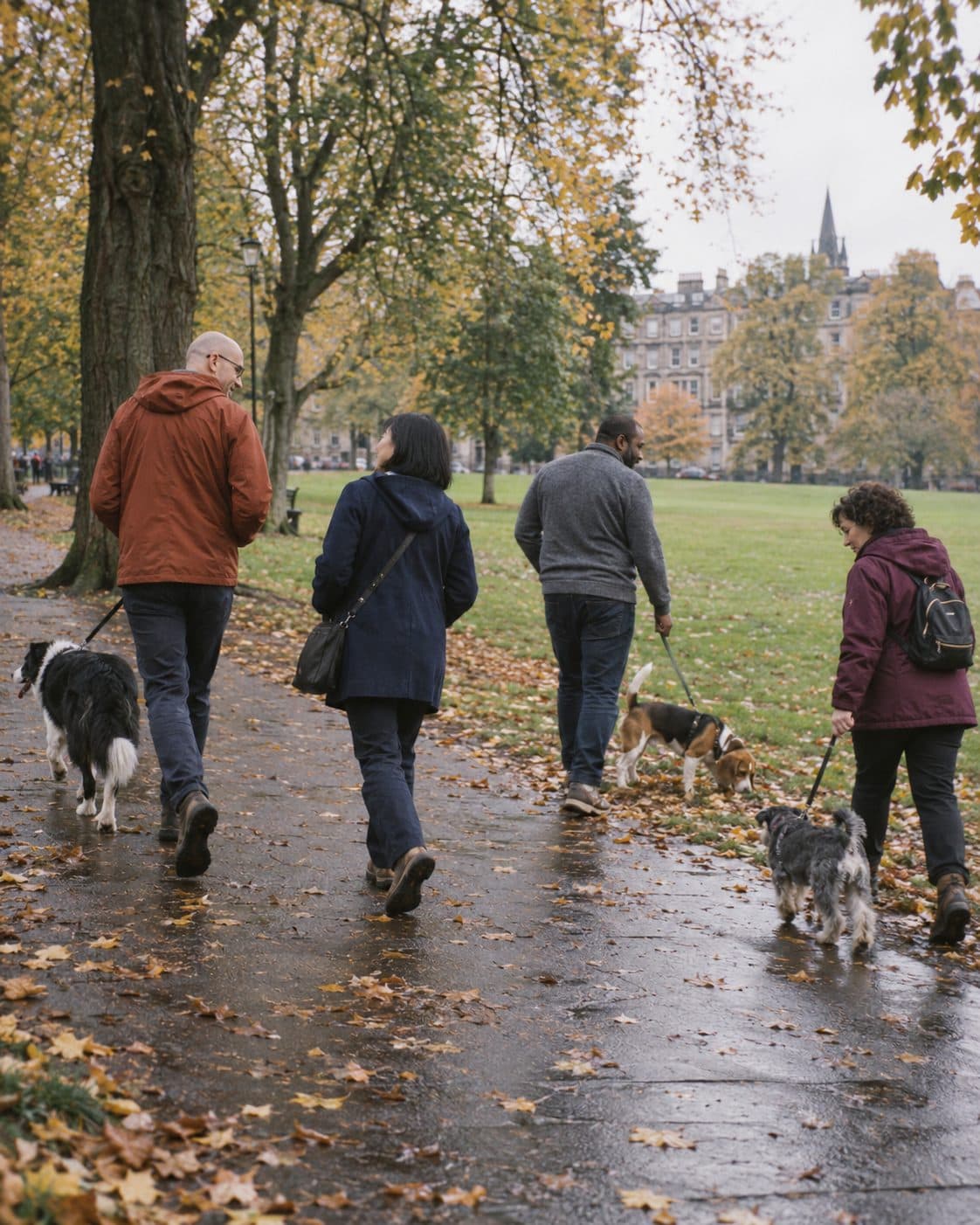 Dog owners walking a tree-lined path on the Meadows with Edinburgh behind