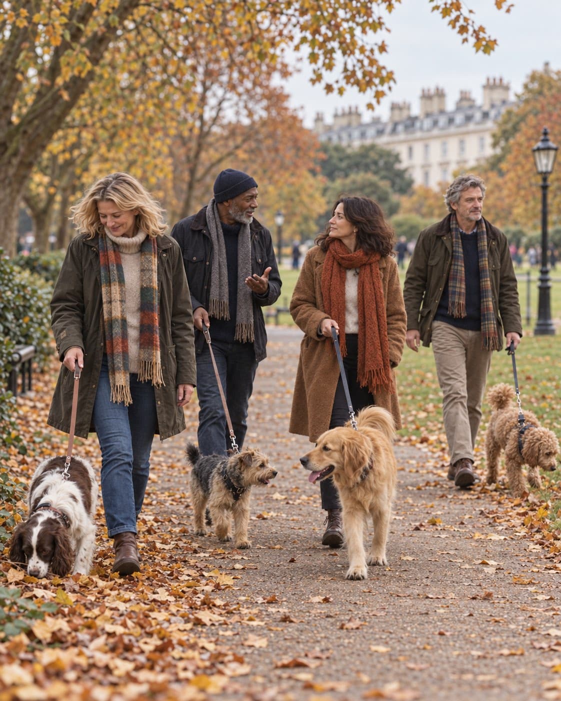 Four dog owners walking their dogs along an avenue in Regent’s Park, with a Nash terrace behind