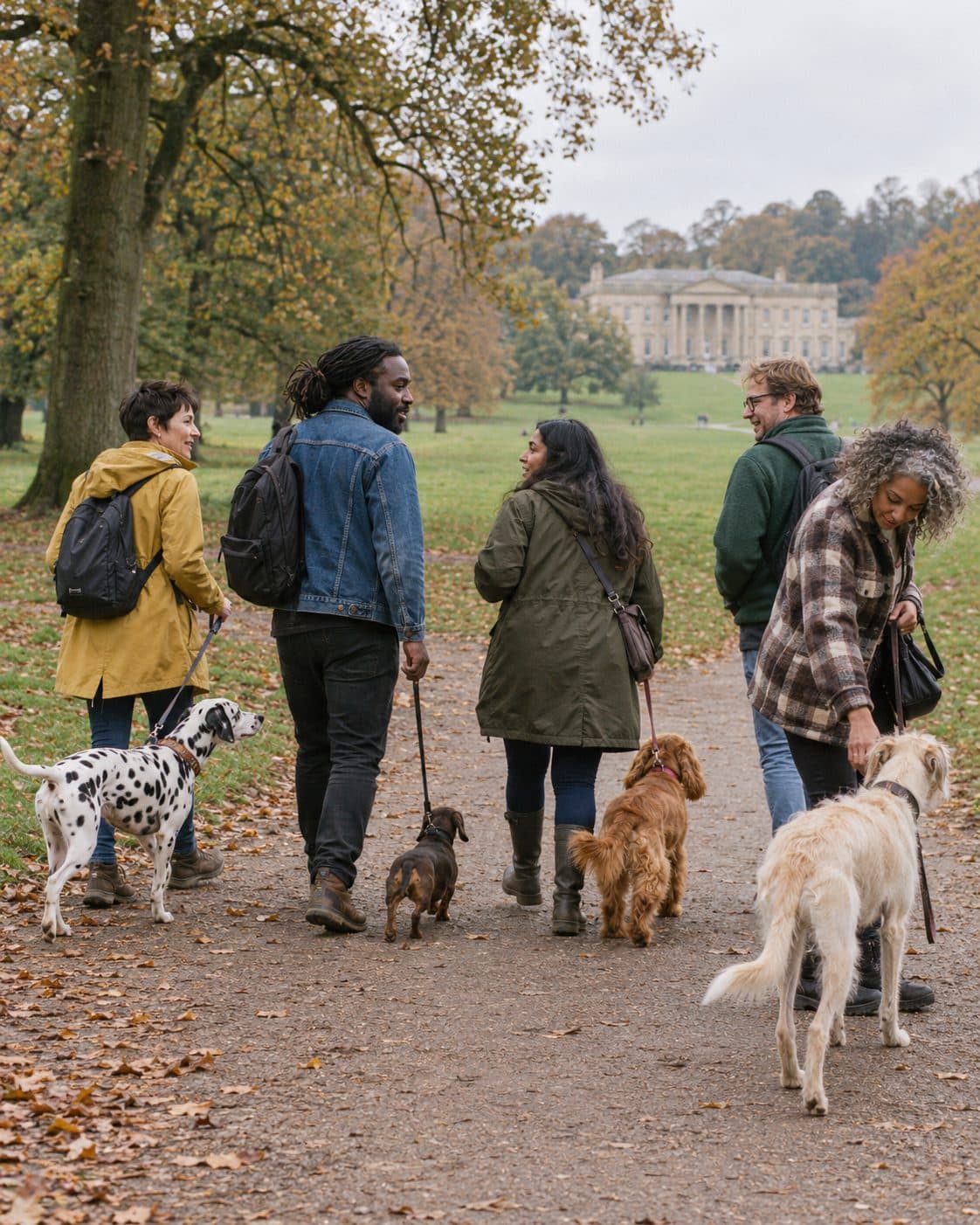 Dog owners walking towards Heaton Hall in Heaton Park