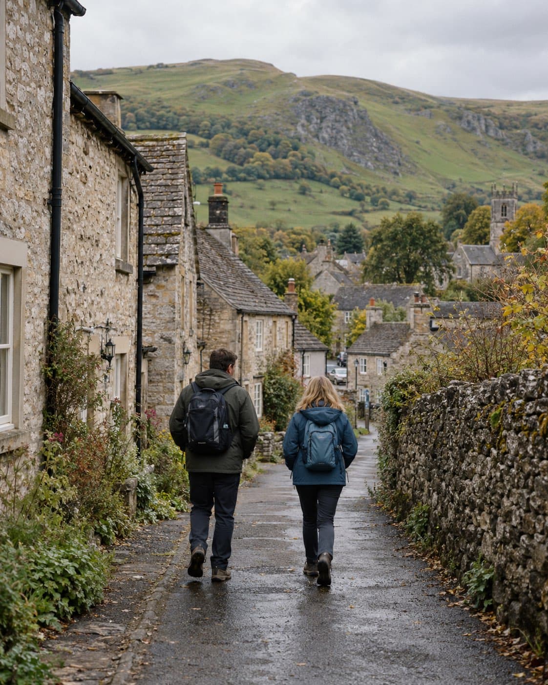 Two walkers heading down a stone lane in Castleton, with the hills at the end of it