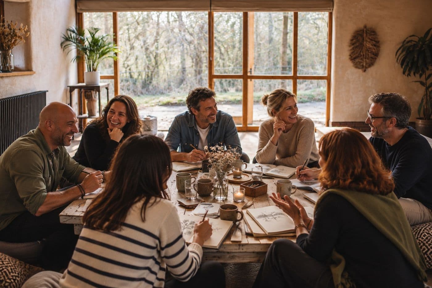 Six people laughing round a table, winter woodland through the windows