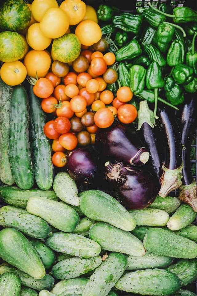 A basket of tomatoes, peppers and aubergines from the produce garden