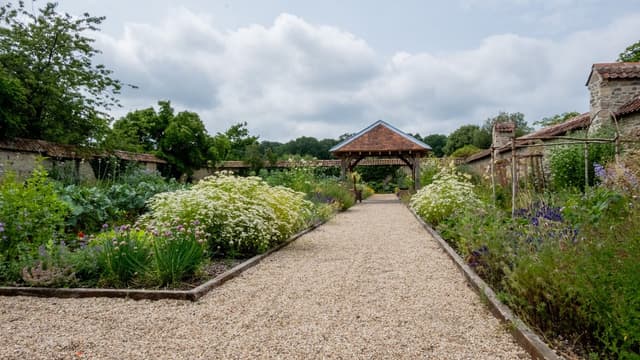 The walled garden path between the edible beds
